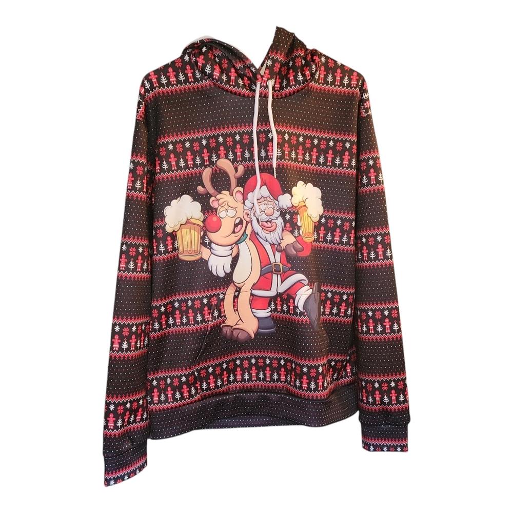 UGLY CHRISTMAS SWEATER - Black & Red All Over Graphic Print Santa Reindeer Beer